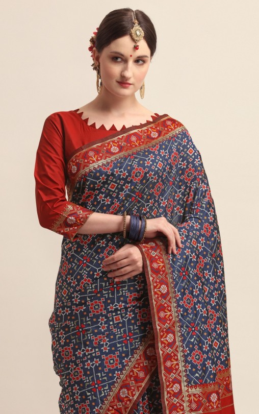 KAPAAHA Woven Navratan Patola Saree (Navy)